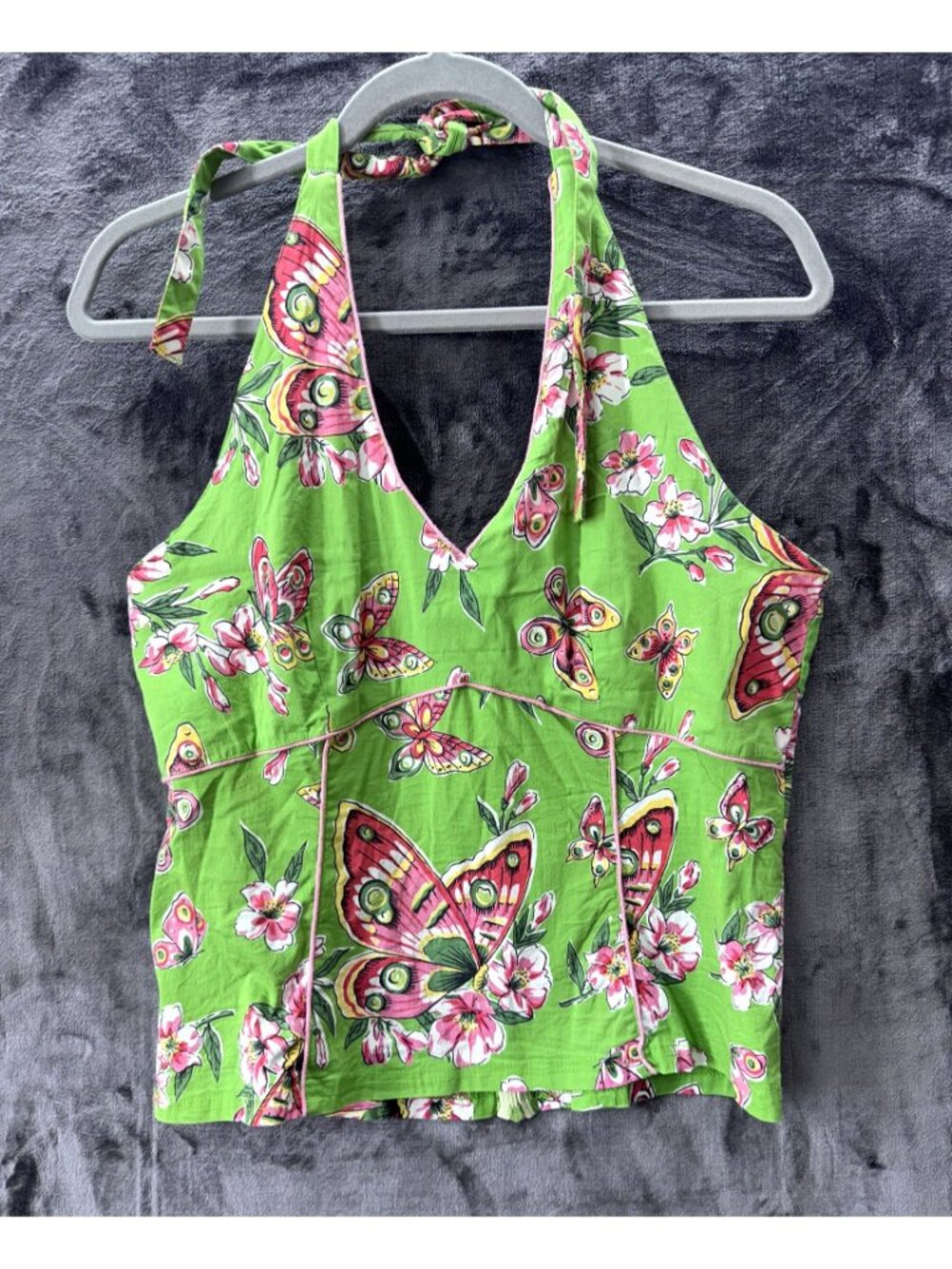 Bamboo Traders Halter Top L Green Butterfly Floral Cotton Stretch Boho - Picture 6 of 7